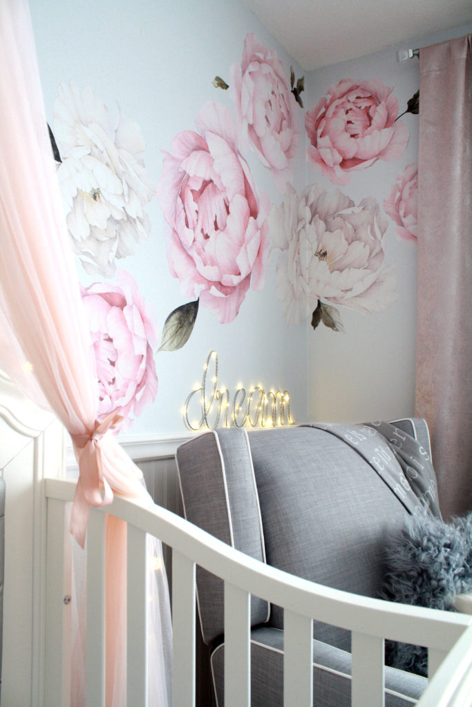Pink and gray nursery with watercolour peony wall decals