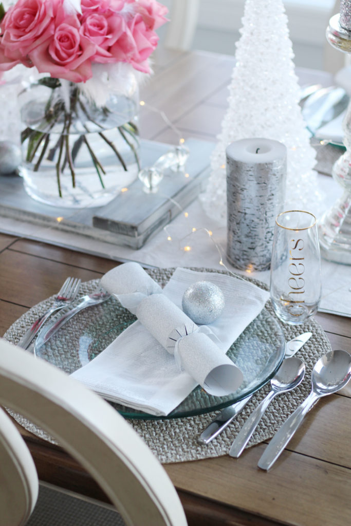 White, silver and pink table setting