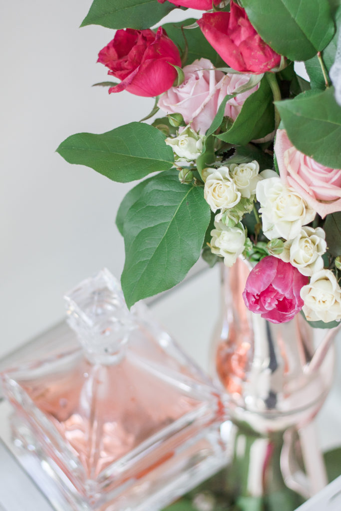 Valentine’s Day bar: fresh flowers and crystal Mikasa decanter