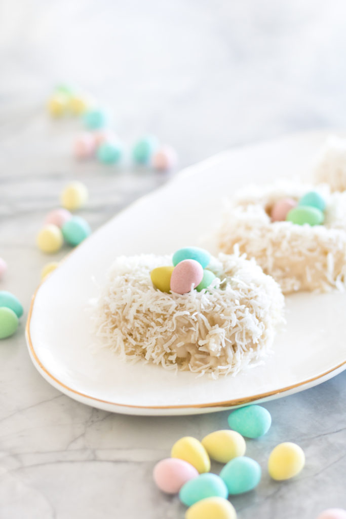 Bird nest Easter donuts with mini eggs - Mini Eggs Bird Nest Easter Doughnuts - Coconut and Vanilla donuts