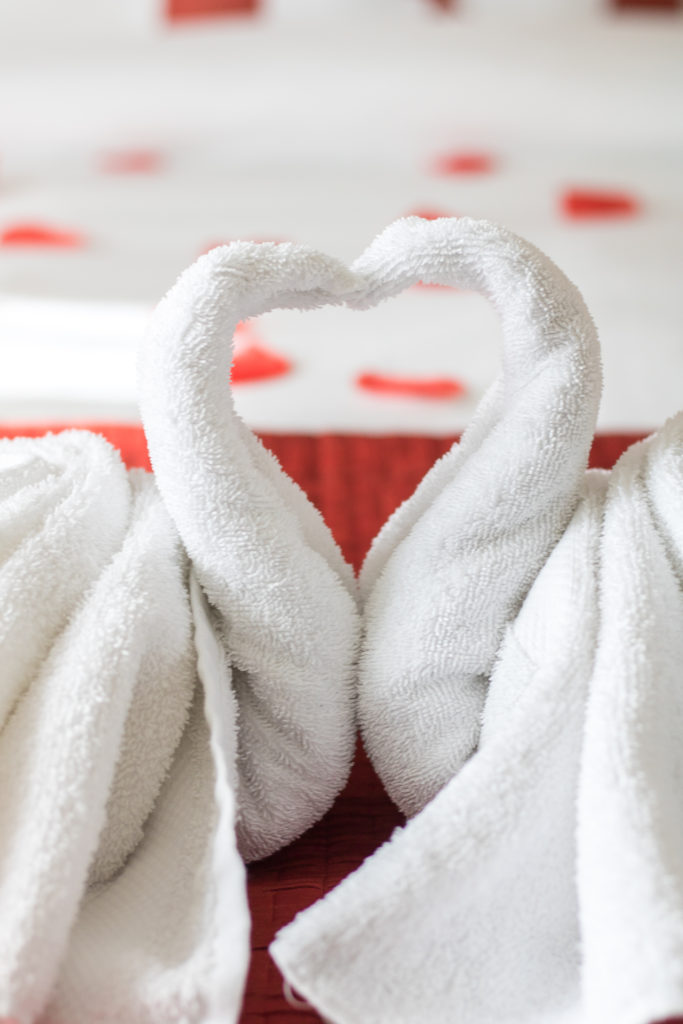 Towels folded like lovebirds - Romantic Edmonton staycation - Chateau Lacombe Hotel Edmonton Staycation