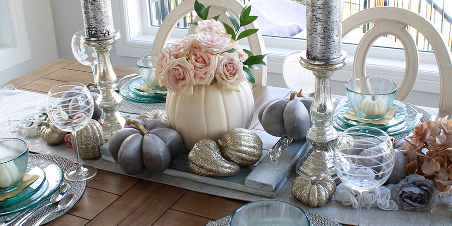 Fall tablescape featuring white pumpkin centrepiece