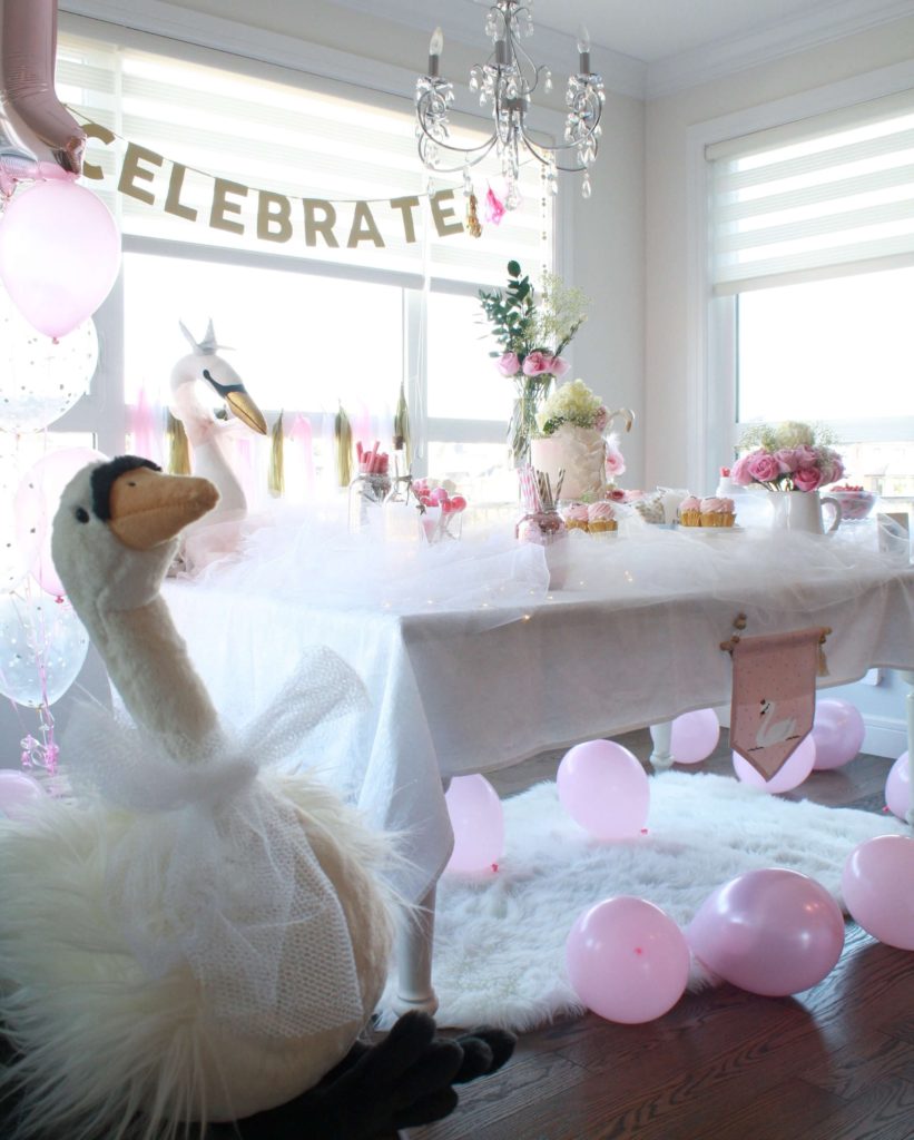 Jellycat plush swan overlooks first birthday swan princess party decor - Kids Birthday Party Inspiration - Girls Birthday Party Ideas