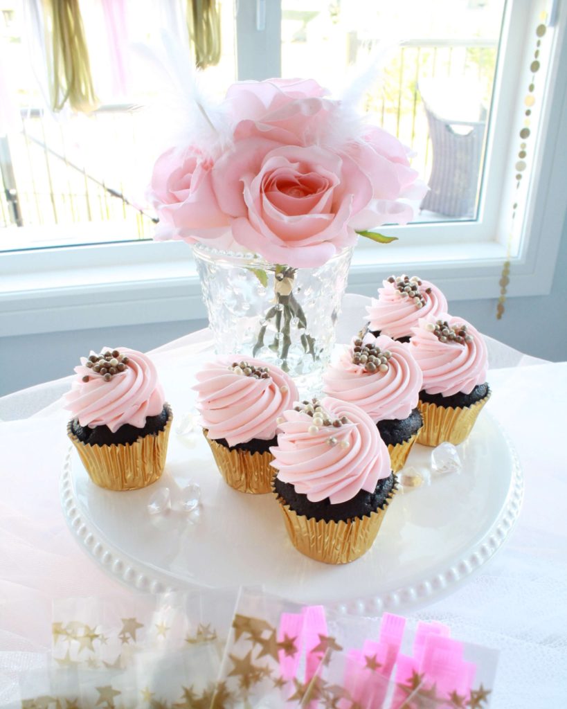 First birthday pink cupcakes wrapped in gold foil - Kids Birthday Party Inspiration - Girls Birthday Party Ideas
