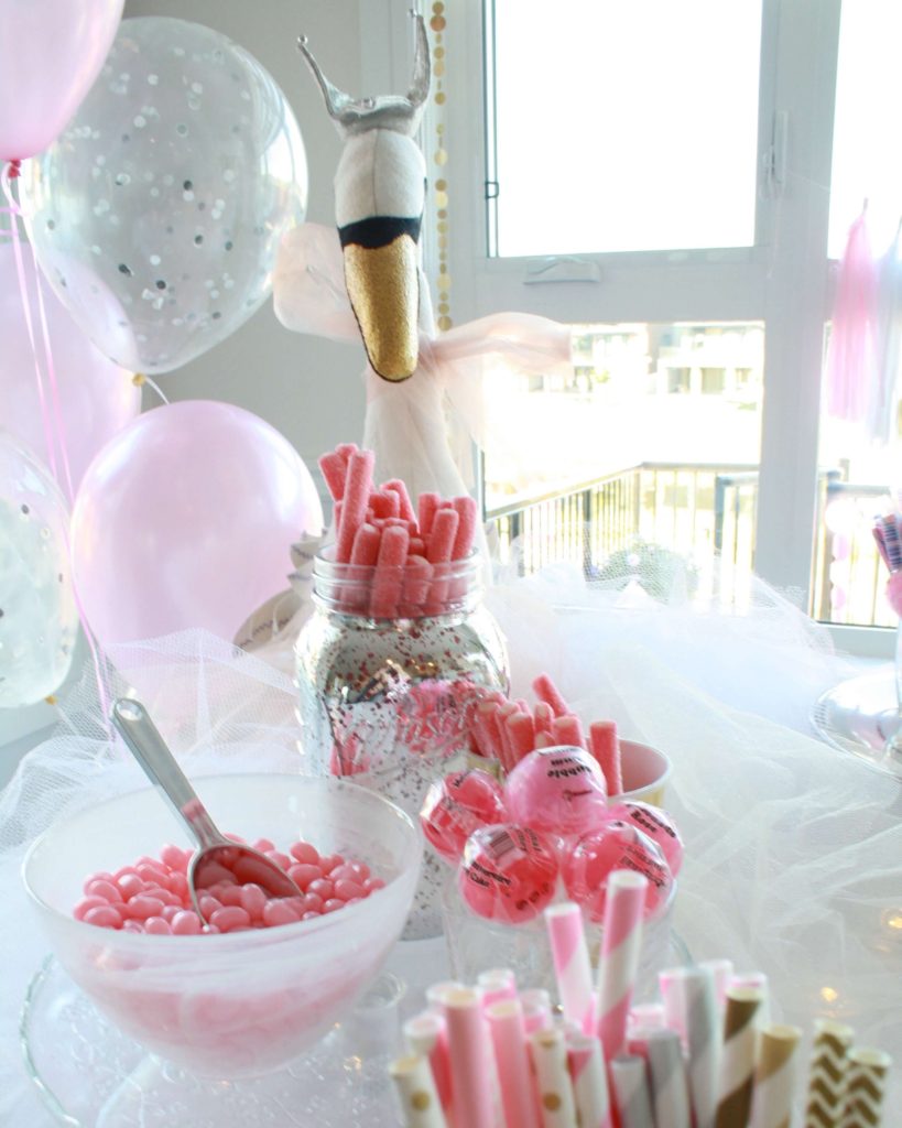 Kids Birthday Party Inspiration - Girls Birthday Party Ideas - Plush swan birthday party candy bar decor