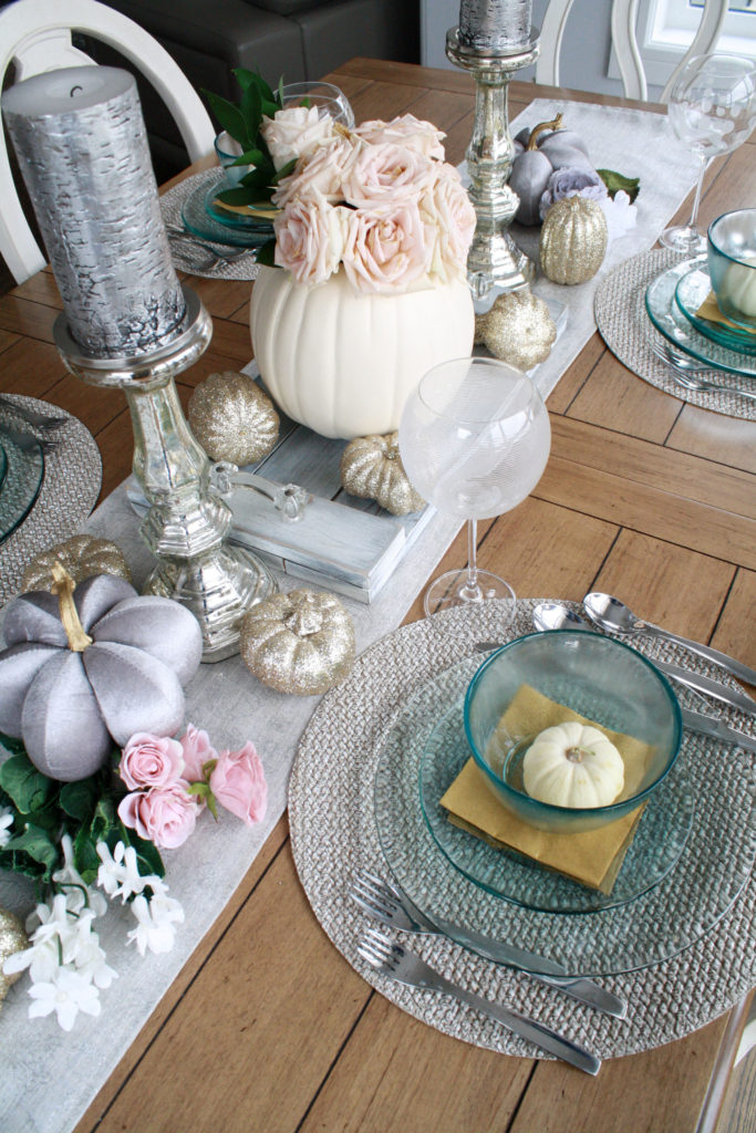 Pink rose and gold pumpkin fall table