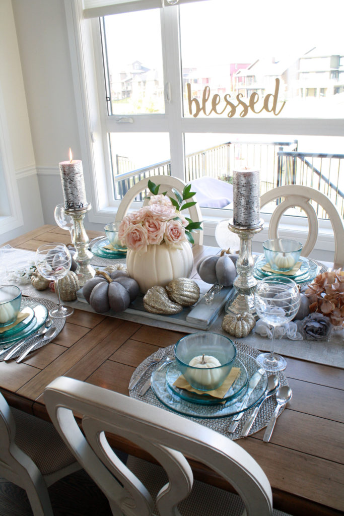 Blessed grey and pink fall table setting