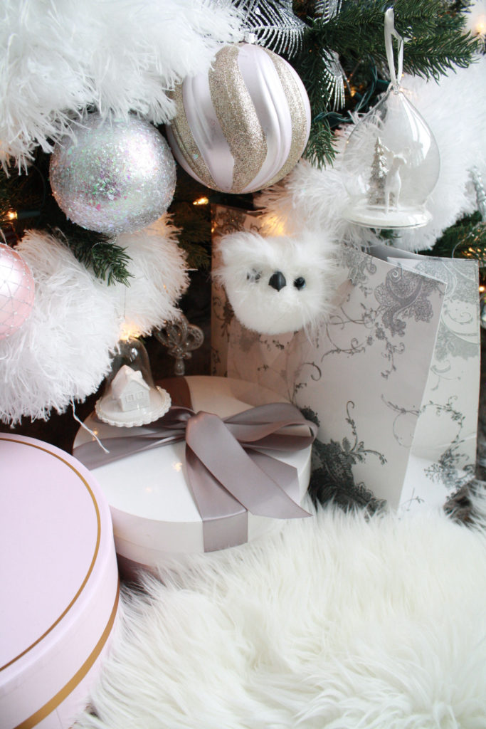Glam Christmas home decor - fluffy owl ornament and gifts under tree