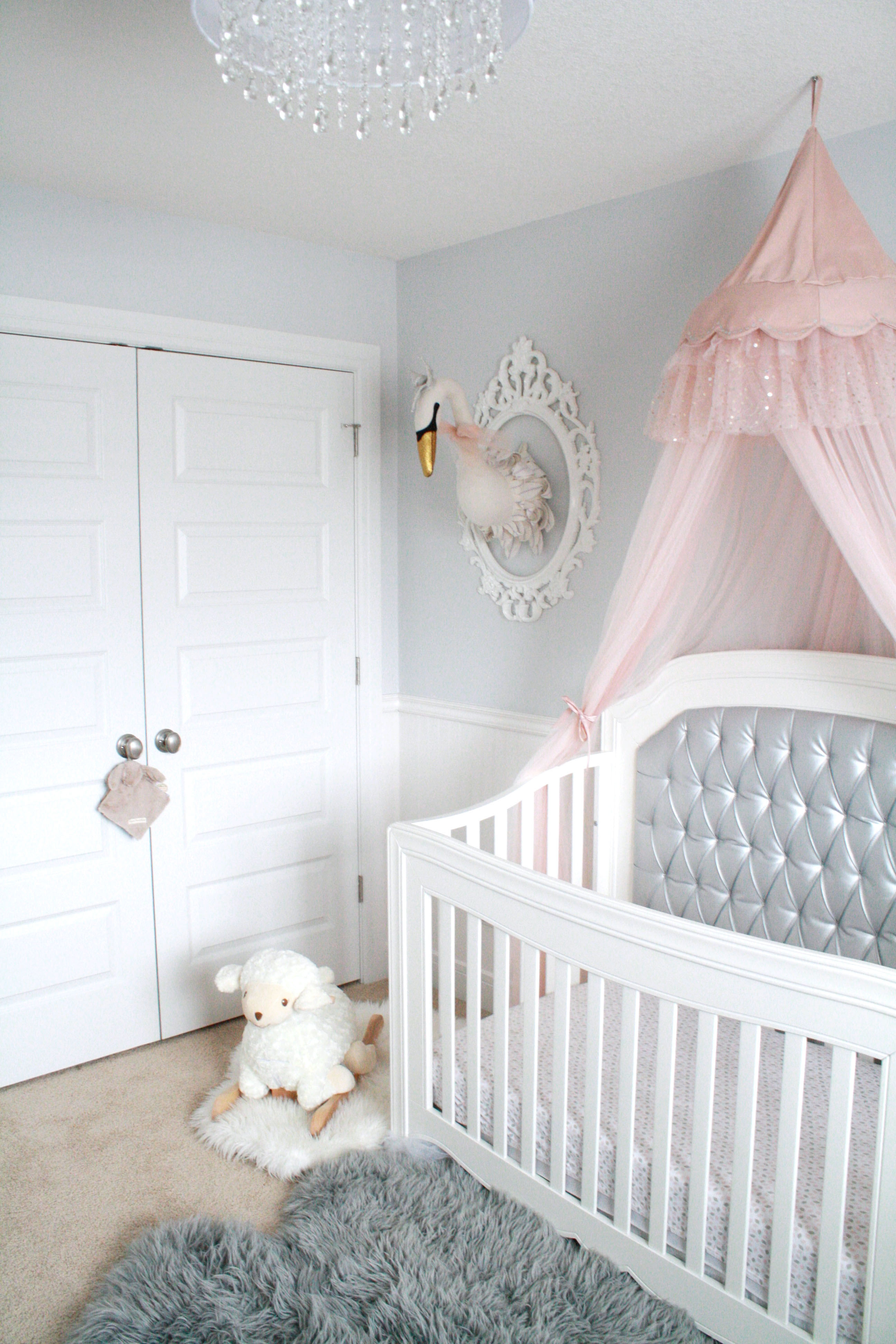 Glamorous pink and gray nursery • Baby girl nursery in gray, white