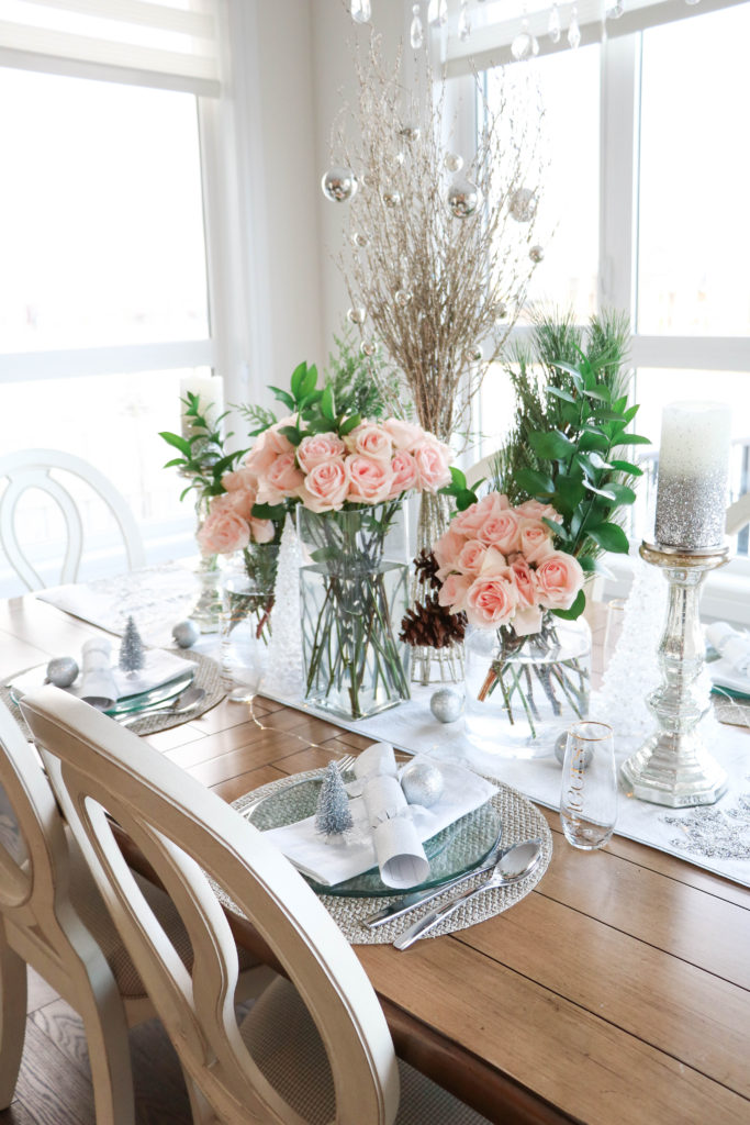 Chic Christmas Table Setting - Silver, White and Pink Glam Christmas Tablescape with Fresh Greenery on Chandeliers and Champagne