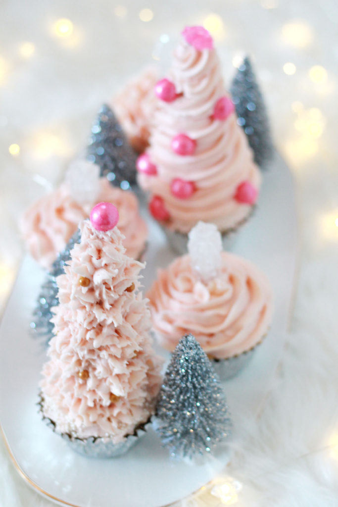 Pink Christmas tree cupcakes - easy, fun, glam Christmas baking - cute cupcakes that look like snowy Christmas trees! 