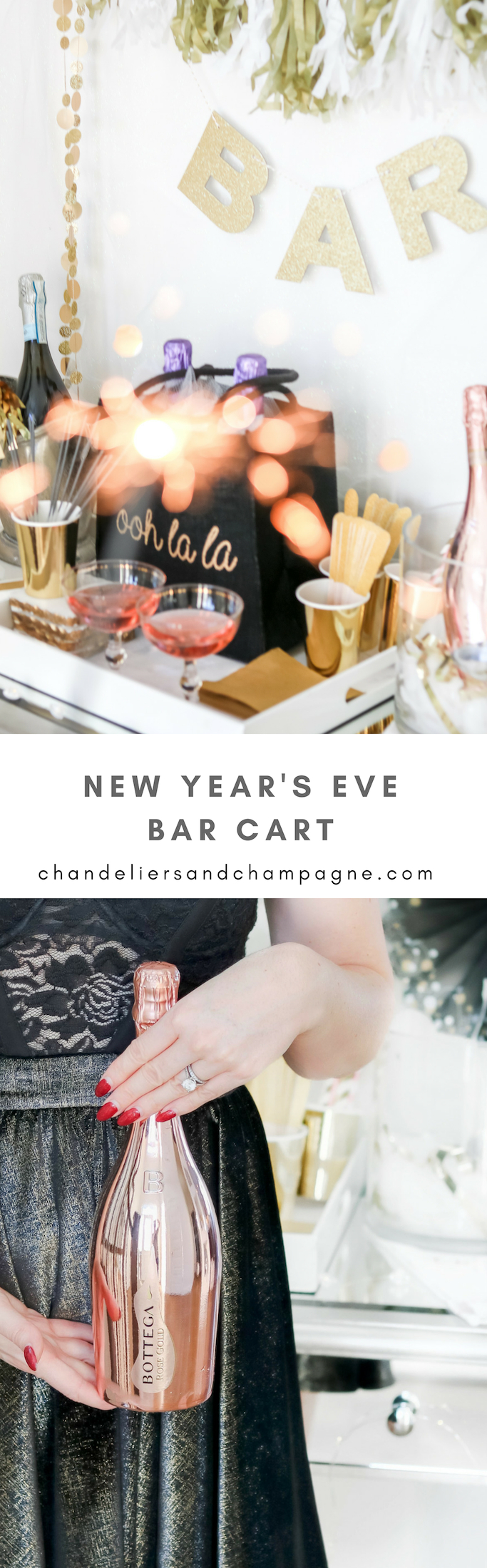 New Year's Eve Bar Cart styling with blush pink and black - glamorous New Year's Ever Bar Cart Party Ideas
