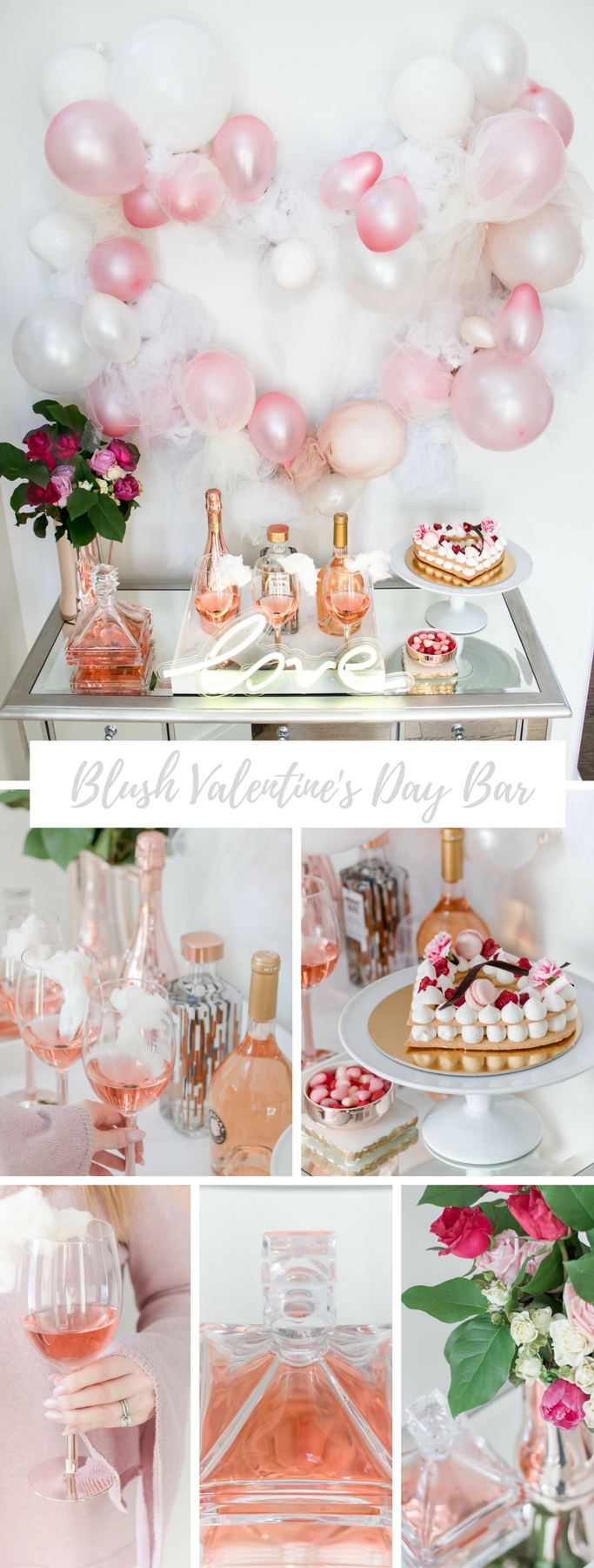 Blush pink Valentine's Day bar with tulle balloon heart and swoon worthy rose details