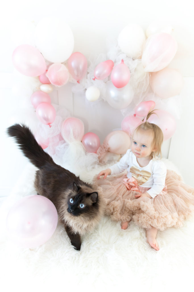 How cute is this tulle balloon heart wreath as a backdrop for this Valentines Day photo with my baby girl and cat! 