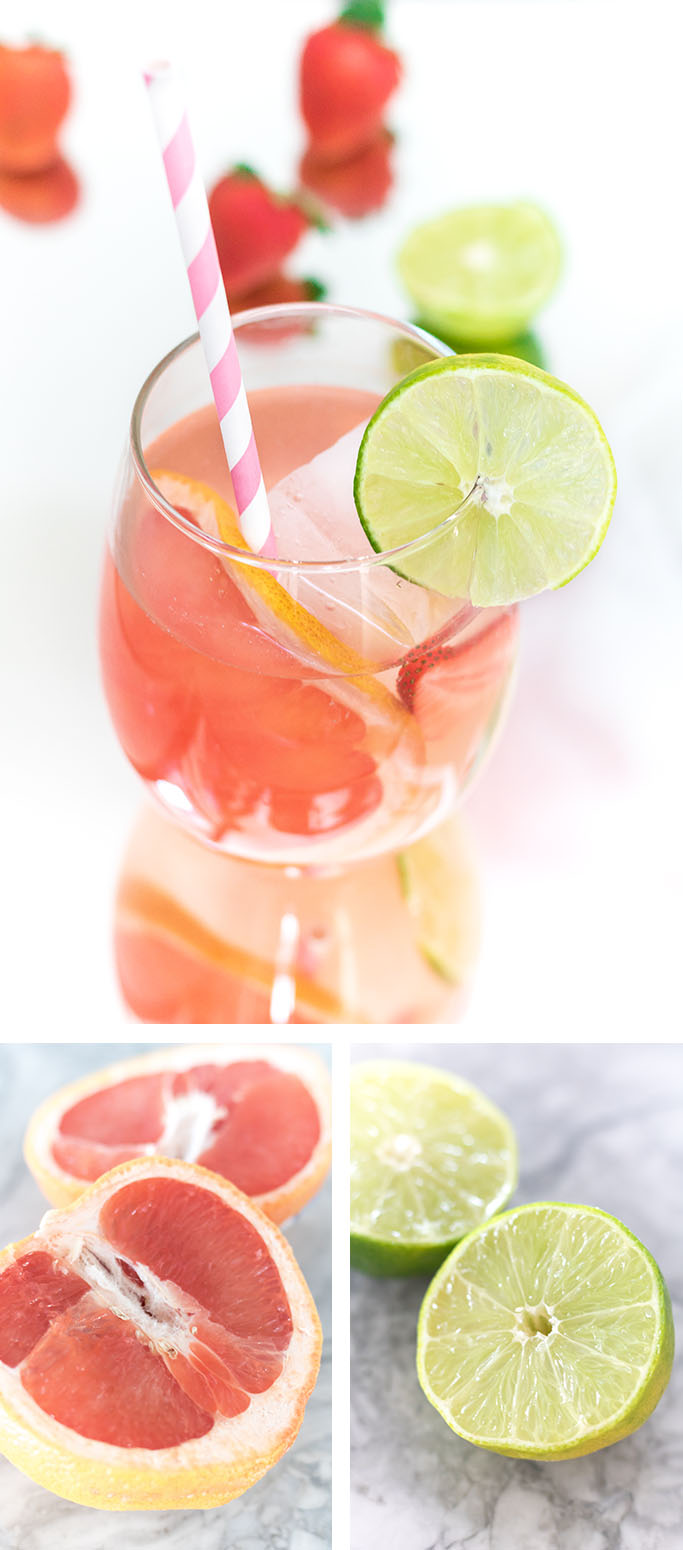 Grapefruit Rosé Sangria recipe featuring fresh-squeezed grapefruits, limes and citrus flavours. A perfect summer patio cocktail! 