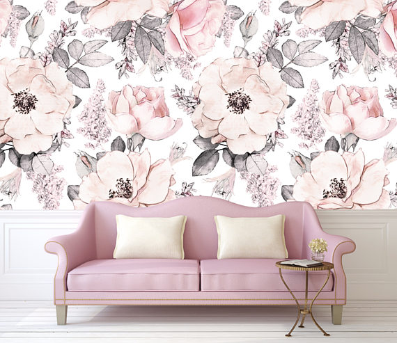 Feminine and elegant blush pink floral peel and stick wallpaper by Rocky Mountain Decals - sophisticated blush pink decor - nursery and playroom wallpaper for girls