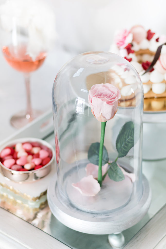 Valentine’s Day bar with enchanted Beauty and the Beast preserved pink rose 