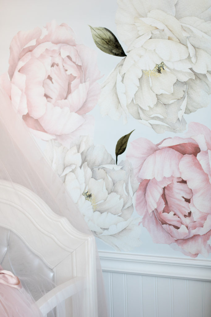 Closeup of stunning peony wall decals by Rocky Mountain Decals in pink and white - Amazing nursery decor for girls 