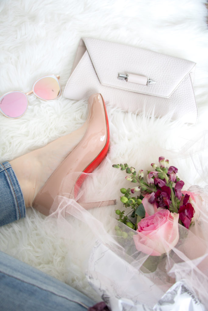 Refresh for spring - Refresh your wardrobe for spring with nude Louboutins, a pink Package envelope clutch and cute pink sunglasses. Spring outfit ideas. Spring style. 