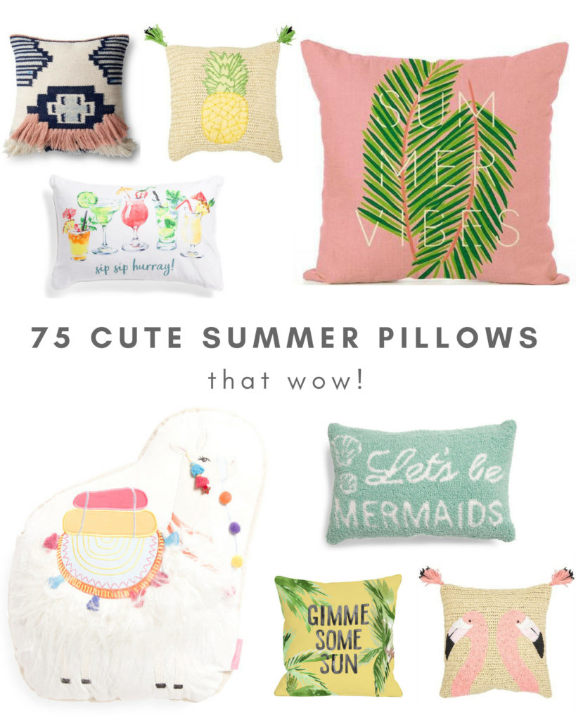 75 cute summer pillows that Wow in 2018 - pink palm frond summer vibes pillow - cocktail pillow - let's be mermaids pillow - flamingo pillow - gimme some sun pillow - fuzzy llama pom pom pillow