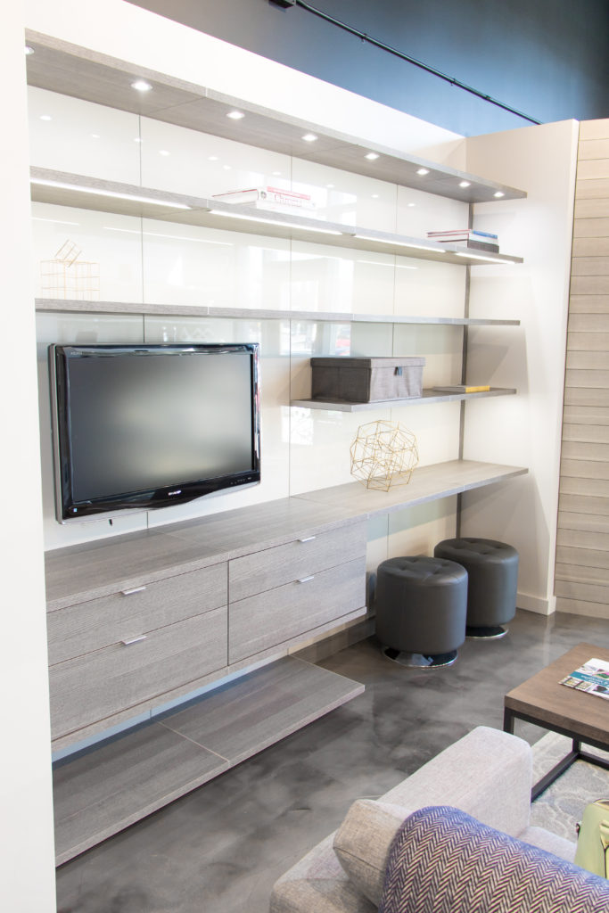 California Closets St Albert media unit - Bright white and modern media units. Sitting oom design.