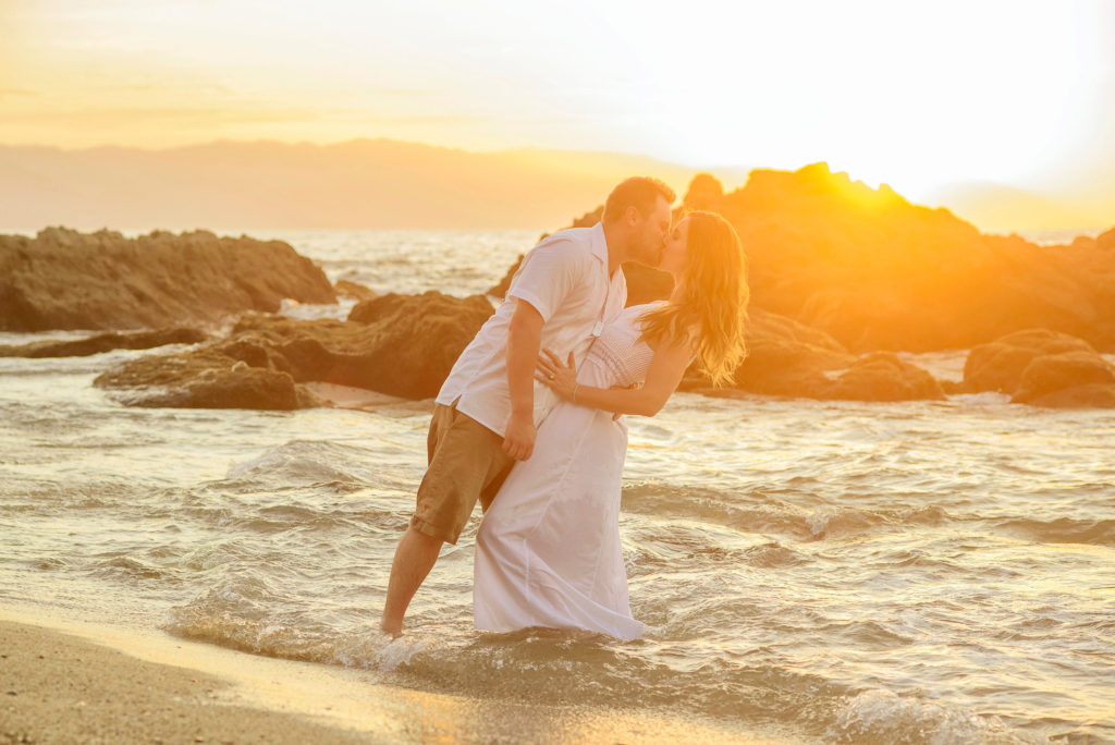 Tropical light and bright engagement photo ideas - beach engagement photos - Sunset beach photos 