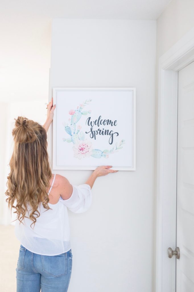Welcome spring artwork with cactus floral wreath and calligraphy - How I refresh for springtime in my home