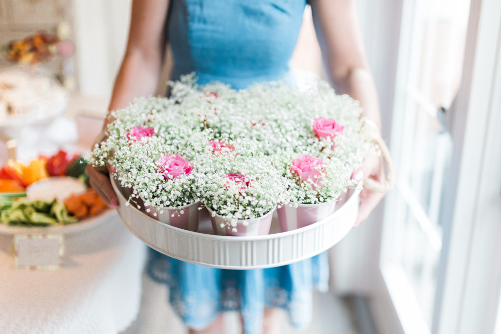 Mini floral arrangement bridal shower party favour with roses and baby's breath • Floral Bridal Shower • Gossip Girl Bridal Shower 