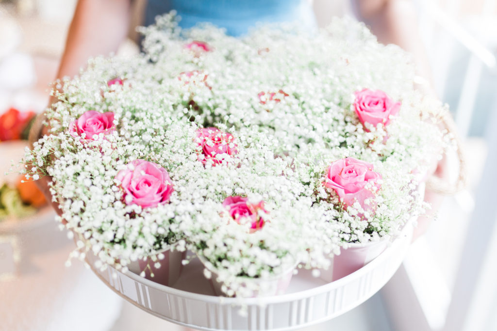 Bridal shower party favour of baby's breath and pink rose floral arrangement • Floral Bridal Shower • Gossip Girl Bridal Shower