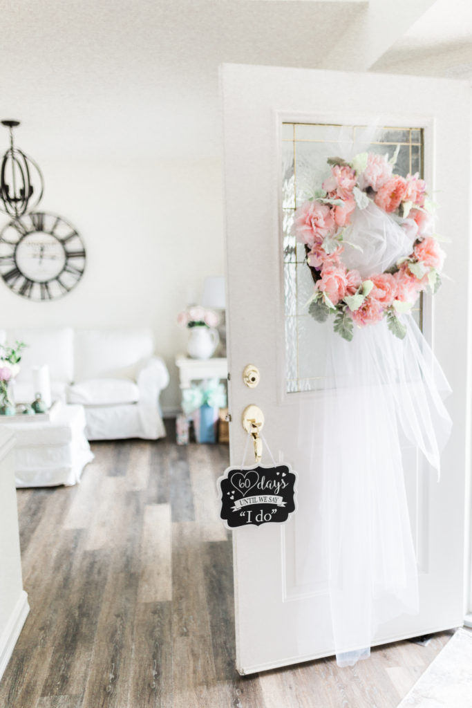 Entryway of bridal shower with wedding countdown sign and peony tulle wreath • Floral Bridal Shower • Gossip Girl Bridal Shower • 