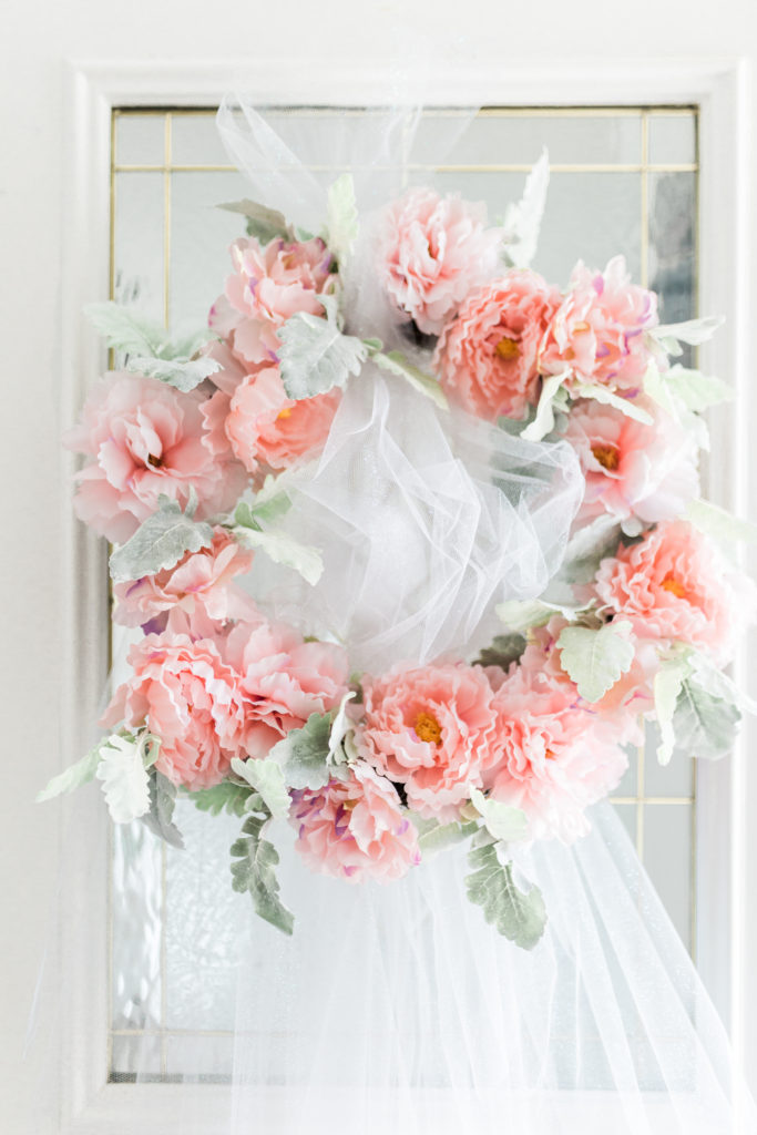 Peony and tulle wreath • Floral Bridal Shower entryway ideas • Gossip Girl Bridal Shower • 