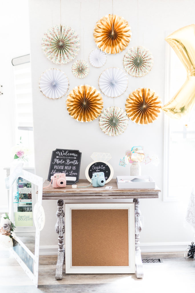 Gold and floral bridal shower photo booth with polaroids • Floral Bridal Shower • Gossip Girl Bridal Shower • 
