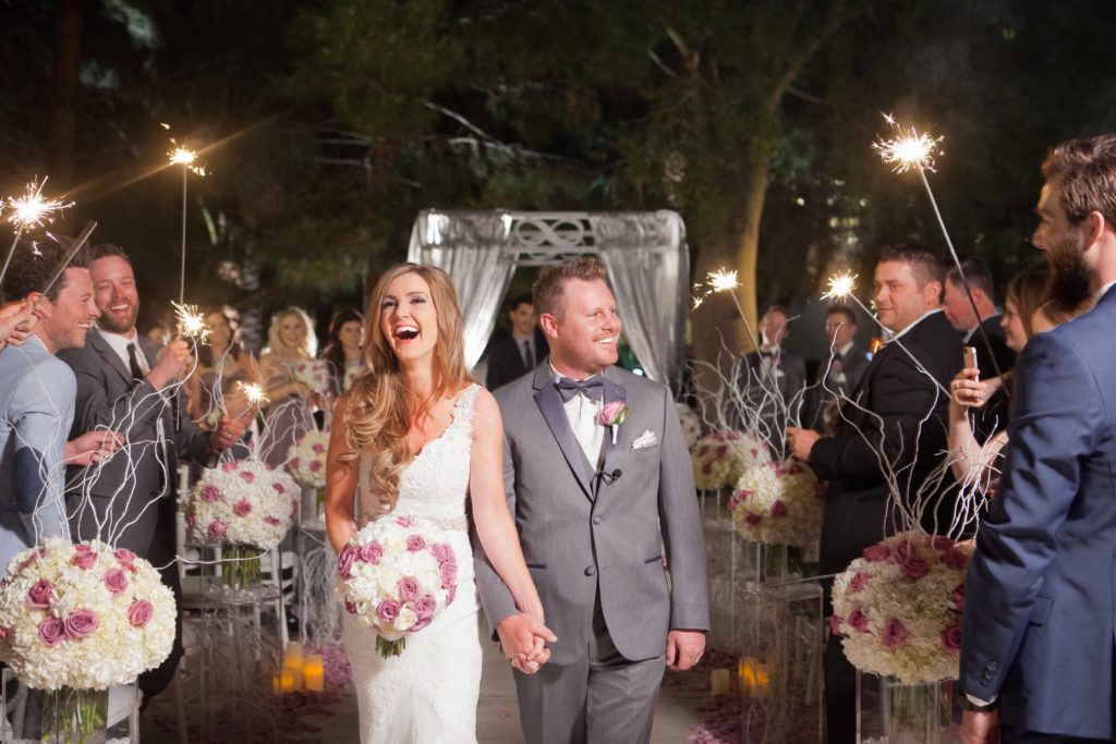 Las Vegas wedding at the Aria Resort and Casino. Poolside twilight wedding with sparklers in Las Vegas, Nevada. Nevada weddings. Outdoor wedding inspiration. Evening weddings.