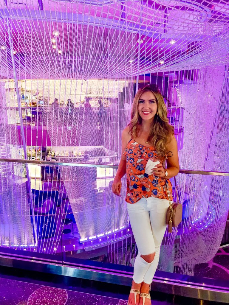 Crystal chandeliers in the Cosmopolitan hotel in Las Vegas. Las Vegas travel tips and things to pack. 