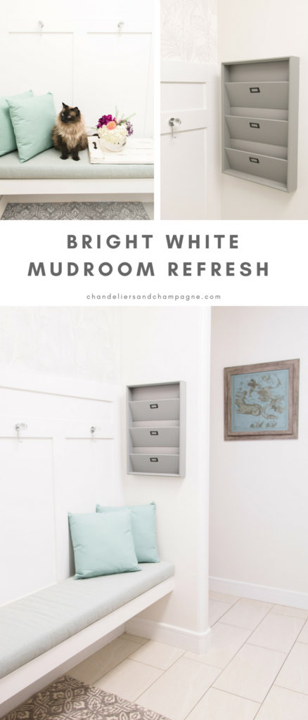 Bright white mudroom refresh • Mudroom design ideas • Mudroom organization • Mudroom styling with wainscoting, custom bench cushions, coat hooks and organization • Mudroom organization