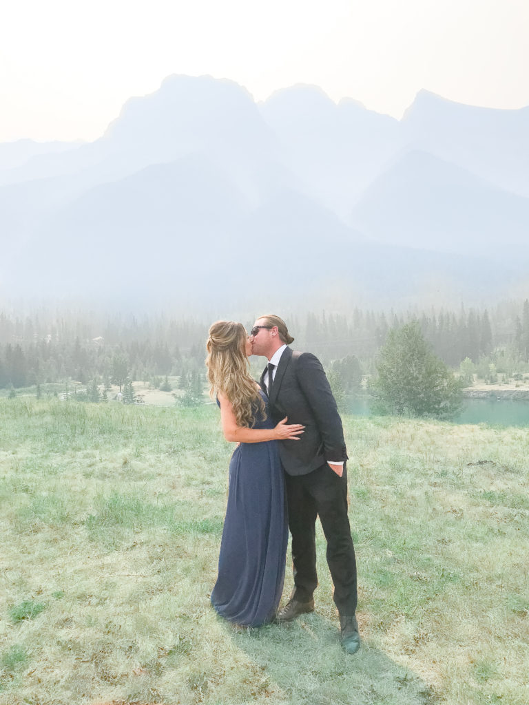 Bridesmaid and groomsment at Canmore Alberta wedding - Banff Alberta wedding - Mountain outdoor wedding ceremony ideas