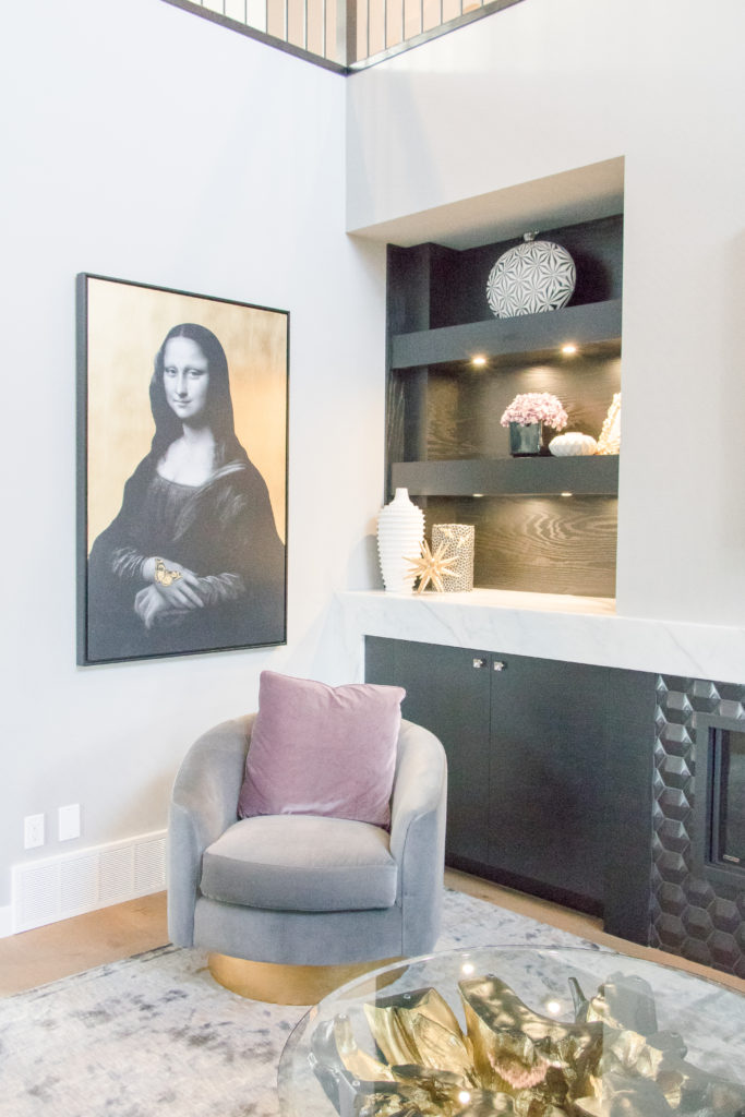 Gray, gold and purple sitting room with Mona Lisa art - 2018 Edmonton DreamLife Lottery Home