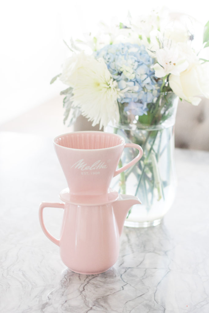 Pink ceramic Melitta pour-over coffeemaker with fresh flowers - Cute coffee makers - Pink kitchen accessories - Brewing the Perfect Cup of Coffee with Melitta
