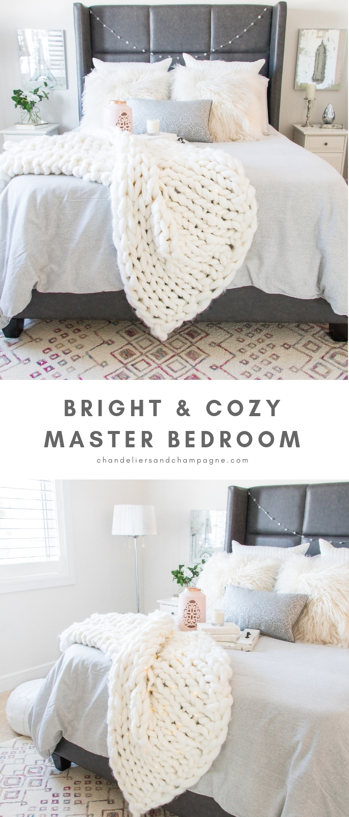 bright and cozy master bedroom reveal featuring leather bed, fairy lights, cozy merino wool blanket and dove gray bedding - gray, white and pink bedroom ideas 