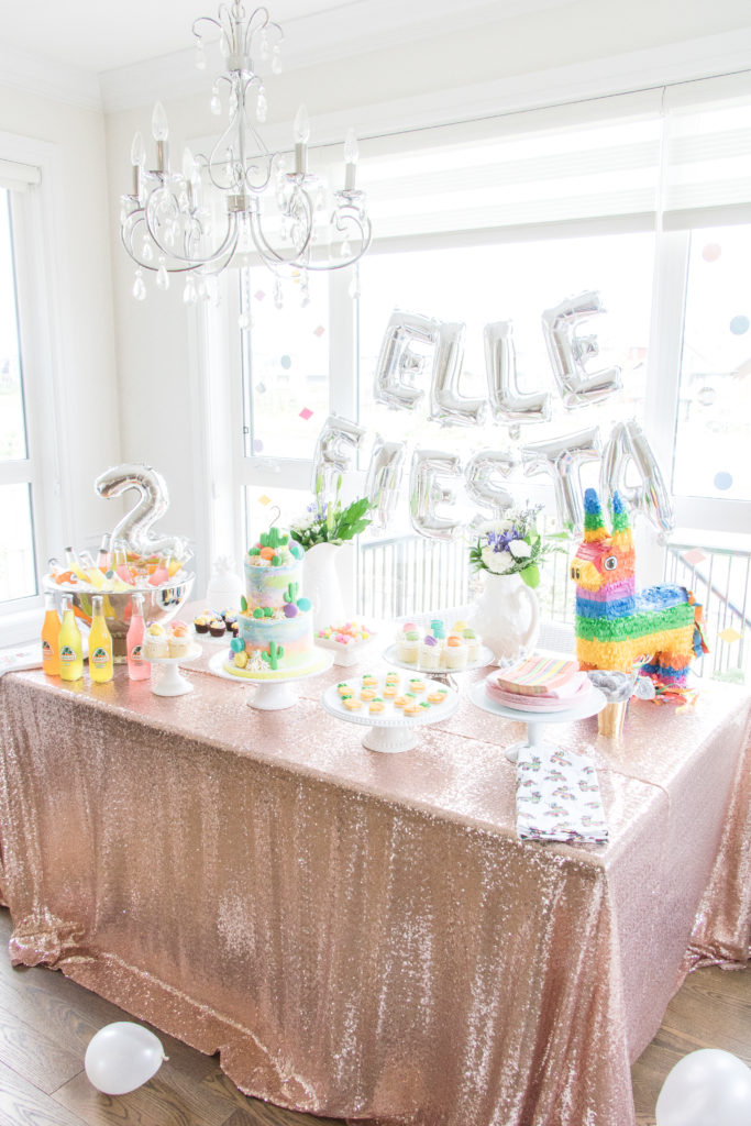 Fiesta party ideas - Girly birthday parties - Party dessert table with sequin tablecloth