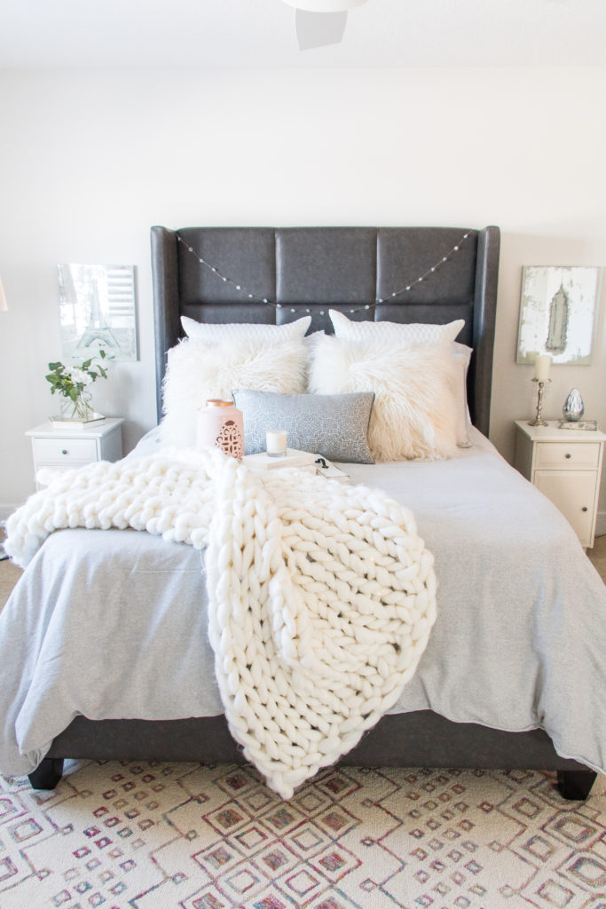 Cozy and glam master bedroom reveal with grays and whites - bright and cozy master bedroom - gray, white and pink bedroom ideas