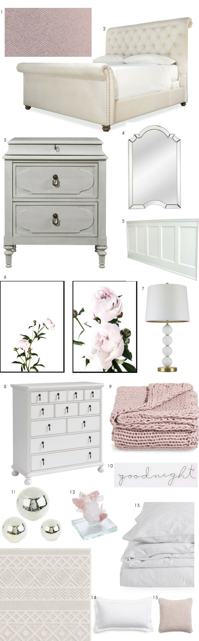 Blush pink and neutral master bedroom ideas. Blush pink and neutral bedroom design board. Bedroom with pink wallpaper and tufted bed. Peony bedroom wall art. Glamorous blush pink and natural bedroom with: ｜1. Graham & Brown wallpaper ｜2. Universal Furniture Boho Chic bed ｜3. Universal Furniture Cancale bedside chest ｜4. Arch top mirror ｜5. Board and batten wainscoting ｜6. Opposite Walls white-framed Lovers and Romance prints ｜7. Stacked glass ball lamp ｜8. Universal Furniture Paula Deen Bungalow Oleander chest ｜9. Glucksteinhome Stella knit throw ｜10. Goodnight cursive sign ｜11. Lit mercury glass globes ｜12. Decorative agate ｜13. Glucksteinhome Classic White 3-piece duvet set ｜14. Glucksteinhome Classic White cushion ｜15. Glucksteinhome Stella knit cushion ｜