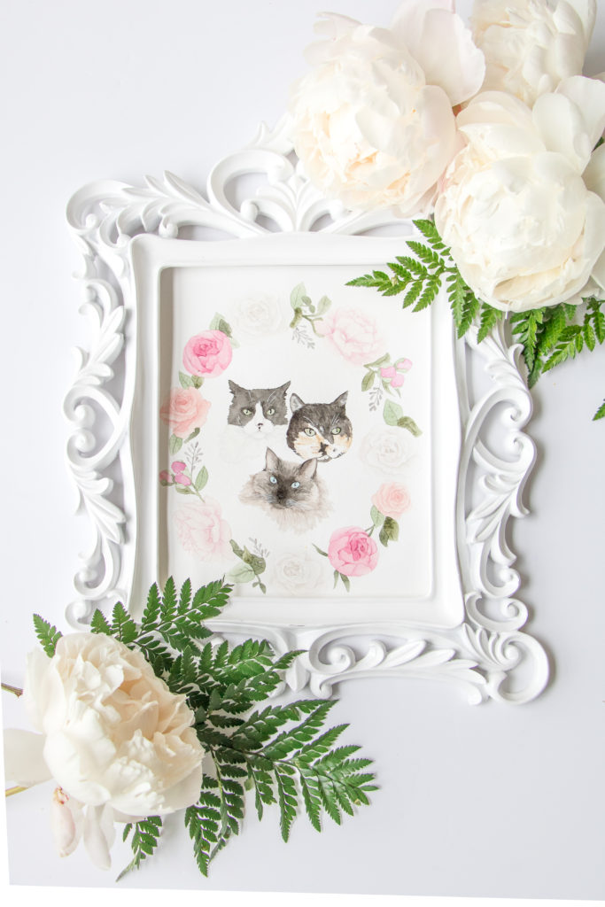 Custom watercolor cat portrait in our glamorous pink playroom - Custom pet illustration - Custom pet portrait - Custom cat portrait - Custom cat illustration