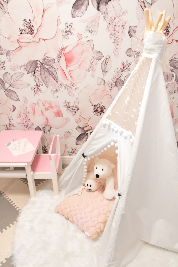 Glamorous pink playroom with white lace teepee, skip hop gray and white geo foam floor tiles, pink kids desk and white teepee - Girls home decor ideas - Girls playroom