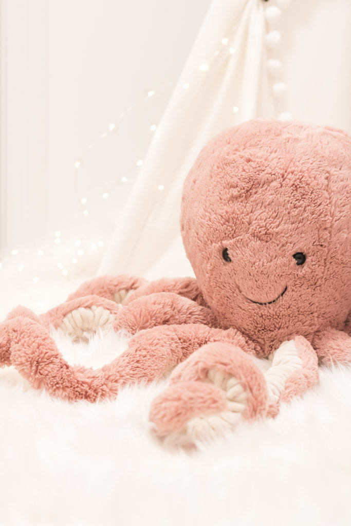 Glamorous pink playroom with pink Jellcat octopus - Jellycat Odell Octopus stuffed animal - Cute stuffed toys for kids 