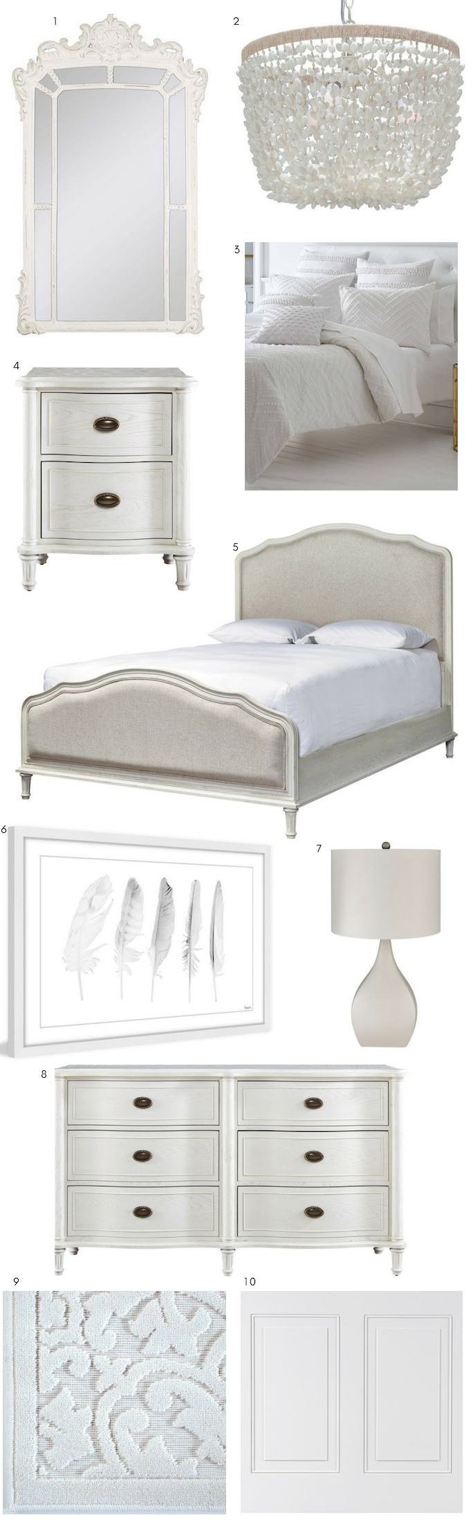 Pure white Master bedroom design board. Light bright master bedroom ideas. White bedroom. Master bedroom design board including: ｜1. Whitewash wall mirror｜2. Shell chandelier ｜3. Trina Turk bedding ｜4. Universal Furniture Amity 2-drawer nightstand ｜5. Universal Furniture Amity bed ｜6. ‘Five white feathers’ art ｜7. White lamp ｜8. Universal Furniture Amity 6-drawer dresser ｜9. Orian Rugs Biscay Natural Area Rug ｜10. Wainscoting ｜