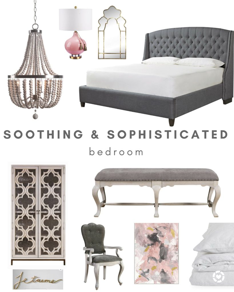  Gray and pink bedroom ideas - Sophisticated master bedroom design board - Sophisticated master bedroom ideas - Charcoal grey master bedroom with armoire and beaded chandelier
