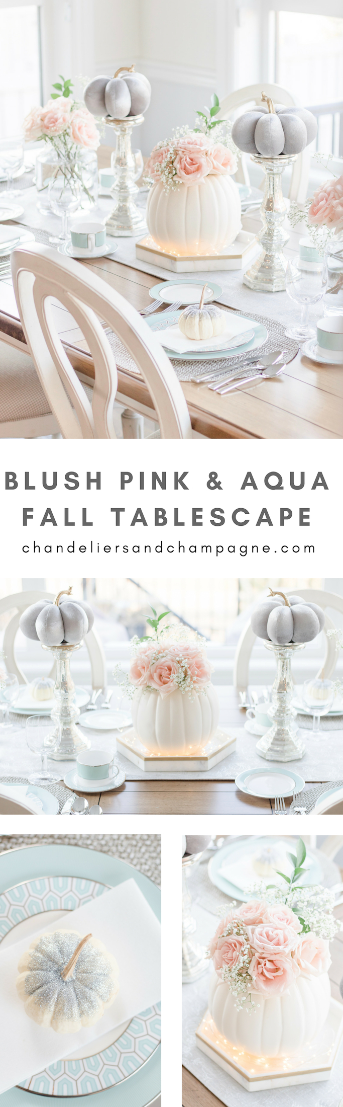 Blush pink and aqua fall tablescape, blush pink and aqua fall table setting, blush pink and aqua Thanksgiving table setting with pumpkins centerpiece, glitter pumpkins, fresh roses