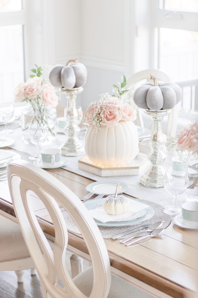 Fall table setting ideas: blush pink and aqua fall tablescape with bone china, pumpkin centerpiece, roses and glitter pumpkins - Thanksgiving table setting ideas - Autum table decor