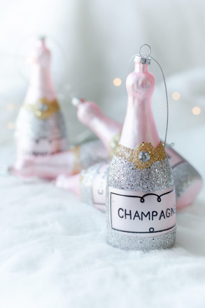 Pink and silver Champagne bottle Christmas ornament , glam and pretty pastel Christmas decor, glam and pretty pastel Christmas ornaments, Prosecco ornament